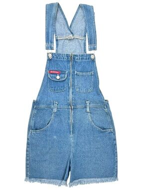 Vintage No Excuses Medium Wash Fringe Hem Denim Overalls Romper sz M
